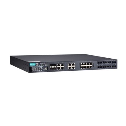 Moxa (PT-7528-8SSC-16TX-4GSFP-HV-HV) IEC 61850-3 valdomas Montuojamas į spintą Ethernet komutatorius, komplektacija: 8 100BaseFX prievadai (SSC), 16 10/100BaseT(X) prievadai, ir 4 1000BaseSFP prievadai, skirta a bendras of up į 28 prievadai, 2 galvaniškai