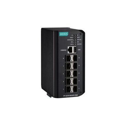 Moxa (PT-G510-8GSFP-PHR-HV) IEC 61850-3 ir IEC 62439-3 visi prievadai Gigabit, valdomas Ethernet komutatorius, komplektacija: 10 100/1000Base SFP prievadai, galvaniškai atskirtas dvigubas maitinimas maitinimo šaltinis (88...300 VDC arba 85...264 VAC), Dar Moxa (PT-G510-8GSFP-PHR-HV) IEC 61850-3 ir IEC 62439-3 visi prievadai Gigabit, valdomas Ethernet komutatorius, komplektacija: 10 100/1000Base SFP prievadai, galvaniškai atskirtas dvigubas maitinimas maitinimo šaltinis (88...300 VDC arba 85...264 VAC), Dar