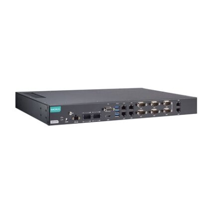 Moxa (RKP-A110-E2-2L4C-T) Montuojamas į spintą 1U kompiuteris, komplektacija: Intel Atom® x6211E procesorius, 6 LAN prievadai, 6 nuosekliojo ryšio prievadai, 8 skaitmeniniai įėjimai (DI), 8 skaitmeniniai išėjimai (DO), 3 USB 3.0 prievadai, 1 VGA prievadas