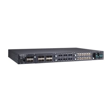 Moxa (RKS-G4028-4GS-HV-T) 2 lygmens modulinis valdomas Ethernet komutatorius, komplektacija: 4 100/1000BaseSFP prievadai, 3 lizdai Ethernet moduliams, 1 galvaniškai atskirtas maitinimo šaltinis (110/220 VAC/VDC), Darbinė temperatūra: -40...75 °C 2