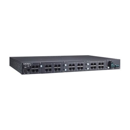 Moxa (RKS-G4028-L3-4GT-2LV-T) 3 lygmens modulinis valdomas Ethernet komutatorius, komplektacija: 4 10/100/1000BaseT(X) prievadai, 3 lizdai Ethernet moduliams, 2 galvaniškai atskirti maitinimo šaltiniai (24/48 VDC), Darbinė temperatūra: -40...75 °C