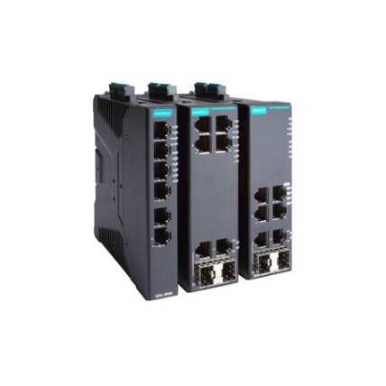 Moxa (SDS-3006-T) kompaktiškas pramoninis išmanusis Ethernet komutatorius, komplektacija: 6 10/100BaseT(X) prievadai, dvigubas 12/24/48 VDC maitinimo įėjimai, Darbinė temperatūra: -40...75 °C 1