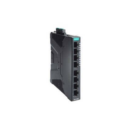 Moxa (SDS-3008-T) kompaktiškas pramoninis išmanusis Ethernet komutatorius, komplektacija: 8 10/100BaseT(X) prievadai, dvigubas 12/24/48 VDC maitinimo įėjimai, Darbinė temperatūra: -40...75 °C
