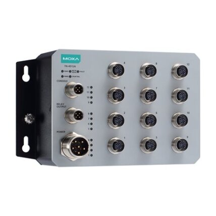 Moxa (TN-4512A-WV-CT-T) 12 10/100BaseT(X) prievadai, komplektacija: M12 jungtis, 1 (dvigubas įėjimas) 24...110 VDC maitinimo šaltinis, Darbinė temperatūra: -40...75 °C, apsauginė elektronikos danga