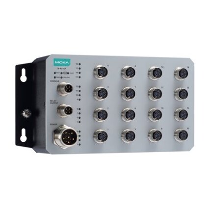 Moxa (TN-4516A-WV-T) 2 lygmens valdomas Ethernet komutatorius, komplektacija: 16 10/100BaseT(X) prievadai, komplektacija: M12 jungtis, 1 (dvigubas įėjimas) 24...110 VDC maitinimo šaltinis, Darbinė temperatūra: -40...70 °C