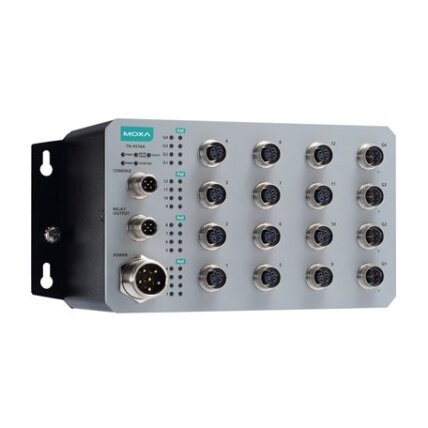 Moxa (TN-4524A-16PoE-WV-T) 16 PoE 10/100BaseT(X) prievadai, komplektacija: M12 jungtis, 8 10/100BaseT(X) prievadai, komplektacija: M12 jungtis, 1 (dvigubas įėjimas) 24...110 VDC maitinimo šaltinis, Darbinė temperatūra: -40...75 °C 2