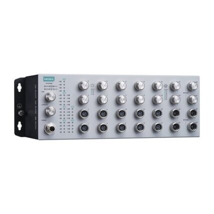 Moxa (TN-4528B-20P-4G-4GP-CT-T) EN 50155 28 prievadų L2 komutatorius įskaitant 20 FE PoE prievadai, 4 Gigabit prievadai, 4 Gigabit PoE prievadai, 150 W PoE galios biudžetas, 24...110 VDC maitinimo įėjimas, Darbinė temperatūra: -40...70 °C, IP42, apsauginė