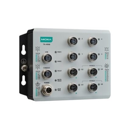 Moxa (TN-4908-ETBN-4GTXBP-WV-CT-T) IEC 61375 ETBN pramoninis saugus maršrutizatorius, komplektacija: 4 Fast Ethernet prievadai, 4 Gigabit Ethernet prievadai su apėjimo funkcija relė, 24...110 VDC maitinimo įėjimas, IP40, Darbinė temperatūra: -40...70 °C,