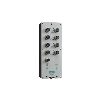 Moxa (TN-5308A-8PoE-WV-CT-T) EN 50155 nevaldomas Ethernet komutatorius, komplektacija: 8 10/100BaseT(X) PoE prievadai, M12 jungtis, vienas maitinimo įėjimas, 24...110 VDC, Darbinė temperatūra: -40...70 °C, apsauginė elektronikos danga