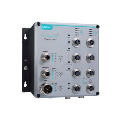 Moxa (TN-5510A-8PoE-2GTX-WV-T) 8 10/100BaseT(X), komplektacija: 802.3ties PoE+ ir 2 GE prievadai, komplektacija: M12 jungtis, maitinimo įėjimas 24...110 VDC, Darbinė temperatūra: -40...75 °C