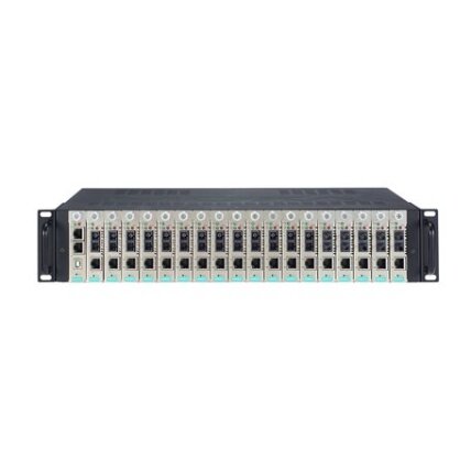 Moxa (TRC-2190-DC-48V) 2U į spintą montuojamas korpusas, su a vienas 36...53 VDC įėjimas, 18 lizdai on priekinis skydelis, ir CSM-MN01 valdomas modulis 3