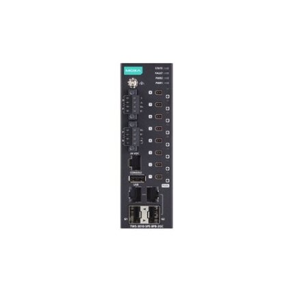 Moxa (TWS-3010-SPE-8PB-2GC-T) valdomas vienos poros Ethernet komutatorius, komplektacija: 2 10/100/1000BaseT(X) arba 100/1000BaseSFP prievadai, 8 10BASE-T1L prievadai su IEC 63171-2 SPE jungtys ir PoDL maitinimas klasės 10, 11, ir 12, dvigubas 24 VDC mait 2