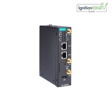 Moxa (UC-2222A-T-US) Arm® Cortex®-A53 dviejų branduolių 64-bitų 1-GHz pramoninis kompiuteris, komplektacija: 2 Ethernet prievadai, 2 RS-232/422/485 nuosekliojo ryšio prievadai, 1 USB 2.0 prievadas, 1 mPCIe plėtimo lizdas su LTE Cat. 4 Modulis, skirtas JAV 1