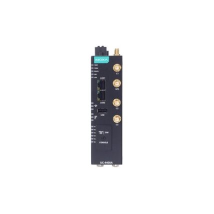 Moxa (UC-4450A-T-5G) Arm Cortex-A53 keturių branduolių 1.6 GHz pramoninis kompiuteris, komplektacija: 2 Ethernet prievadai, 2 nuosekliojo ryšio prievadai, 1 CAN prievadas, 4 skaitmeniniai įėjimai (DI), 4 skaitmeniniai išėjimai (DO), 5G NR modulis built-vi 2
