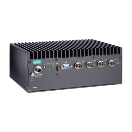 Moxa (V3210-TL1-4L-T) x86 kompiuteris, komplektacija: Intel® Celeron® 6305E procesorius, 4 GbE prievadai, 4 nuosekliojo ryšio prievadai, 2 skaitmeniniai įėjimai (DI), 2 skaitmeniniai išėjimai (DO), 2 USB prievadai, 1 HDMI prievadas, 1 VGA prievadas, 2 2.5
