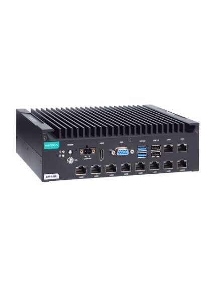 Moxa (BXP-A100-E4-8L-T) Box computer with Intel Atom® x6425E processor, 10 LAN ports, 2 serial ports, 4 DIs, 4 DOs, 2 USB 3.0 ports, 4 USB 2.0 ports, 1 VGA port, 1 HDMI port, 1 CFast slot, 1 SD slot, 12/24 VDC power input, -30 to 60°C operating temperatur