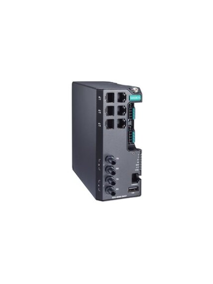Moxa (EDS-4008-2MST-LV-T) Managed Ethernet switch with 6 10/100BaseT(X) ports, 2 100BaseFX multi-mode ports with ST connectors, dual power supply 12/24/48 VDC, -40 to 75°C operating temperature
