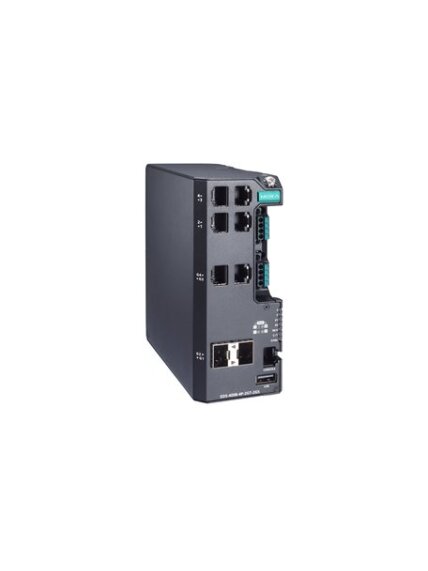 Moxa (EDS-4008-4P-2GT-2GS-LVA-T) Managed Ethernet switch with 4 10/100BaseT(X) ports with 802.3bt PoE, 2 10/100/1000BaseT(X) ports, 2 100/1000BaseSFP ports, dual power supply, 12/24/48 VDC, 48 VDC for PoE, -40 to 75°C operating temperature