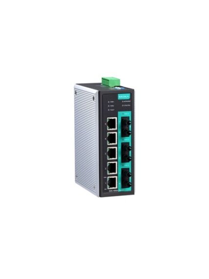 Moxa (EDS-408A-3M-ST) Entry-level managed Ethernet switch with 5 10/100BaseT(X) ports, 3 100BaseFX multi-mode ports with ST connectors, 0 to 60°C operating temperature
