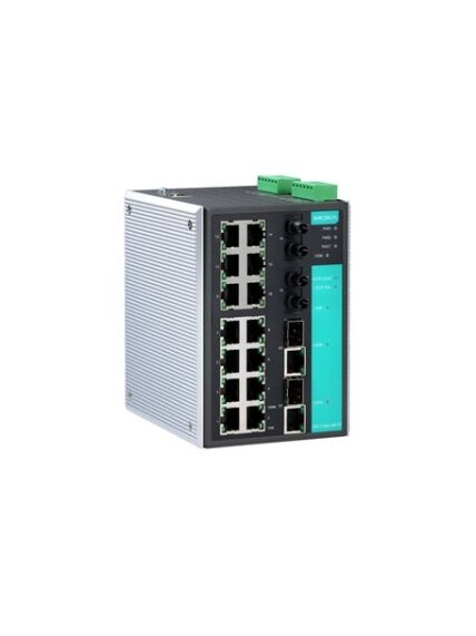 Moxa (EDS-518A-MM-ST-T) Managed Gigabit Ethernet switch with 14 10/100BaseT(X) ports, 2 100BaseFX multi-mode ports with ST connectors, 2 combo 10/100/1000BaseT(X) or 1000BaseSFP slots for adding SFP-1G Series Gigabit Ethernet modules, -40 to 75°C operatin