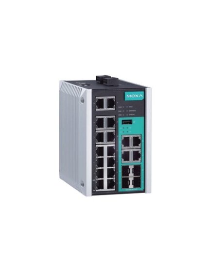Moxa (EDS-518E-4GTXSFP) Managed Gigabit Ethernet switch with 14 10/100BaseT(X) ports, 4 10/100/1000BaseT(X) or 100/1000BaseSFP ports, -10 to 60°C operating temperature