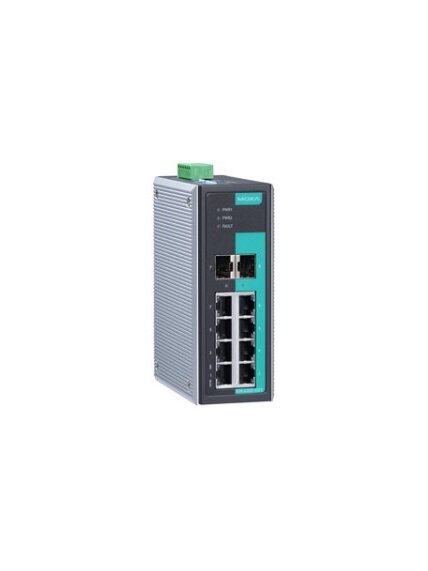 Moxa (EDS-G308-2SFP) Unmanaged full Gigabit Ethernet switch with 6 10/100/1000BaseT(X) ports, 2 combo 10/100/1000BaseT(X) or 100/1000BaseSFP slots for adding SFP-1G/1FE Series Gigabit/Fast Ethernet modules, 0 to 60°C operating temperature