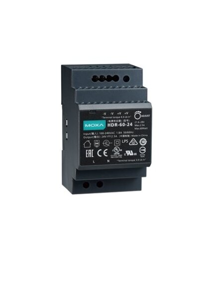 Moxa (HDR-60-24) 60 W/2.5 A DIN-rail 24 VDC power supply, universal 85 to 264 VAC or 120 to 370 VDC input voltage, -30 to 70°C operating temperature Moxa (HDR-60-24) 60 W/2.5 A DIN-rail 24 VDC power supply, universal 85 to 264 VAC or 120 to 370 VDC input voltage, -30 to 70°C operating temperature