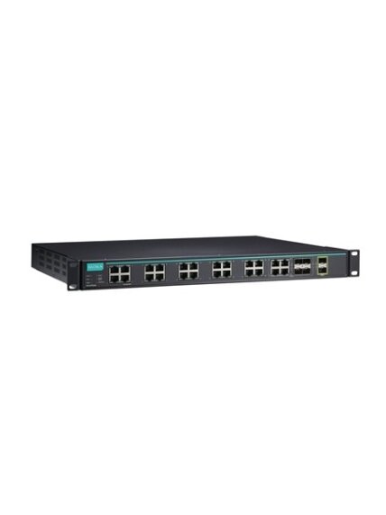 Moxa (ICS-G7526A-20GSFP-2XG-HV-HV-T) Layer 2 full Gigabit managed Ethernet switch with 20 100/1000BaseSFP slots, 4 10/100/1000BaseT(X) or 100/1000BaseSFP slot combo ports, 2 10GbE SFP+ slots, 2 isolated power supplies (85 to 264 VAC), -40 to 75°C operatin 1
