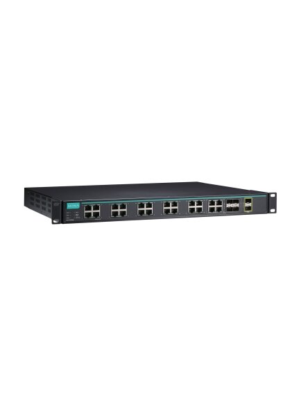 Moxa (ICS-G7526A-20GSFP-2XG-HV-HV-T) Layer 2 full Gigabit managed Ethernet switch with 20 100/1000BaseSFP slots, 4 10/100/1000BaseT(X) or 100/1000BaseSFP slot combo ports, 2 10GbE SFP+ slots, 2 isolated power supplies (85 to 264 VAC), -40 to 75°C operatin 3