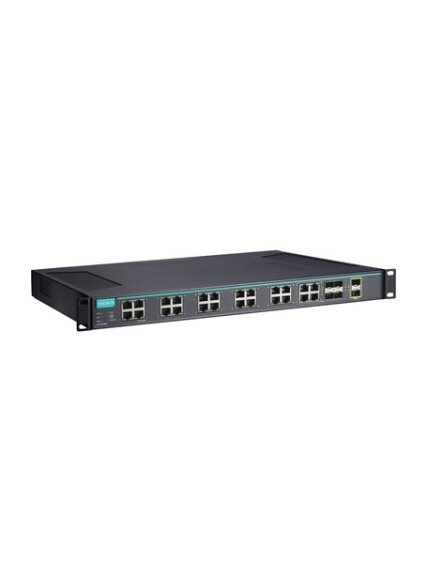 Moxa (ICS-G7526A-2XG-HV-HV-T) Layer 2 full Gigabit managed Ethernet switch with 20 10/100/1000BaseT(X) ports, 4 10/100/1000BaseT(X) or 100/1000BaseSFP slot combo ports, 2 10GbE SFP+ slots, 2 isolated power supplies (85 to 264 VAC), -40 to 75°C operating t