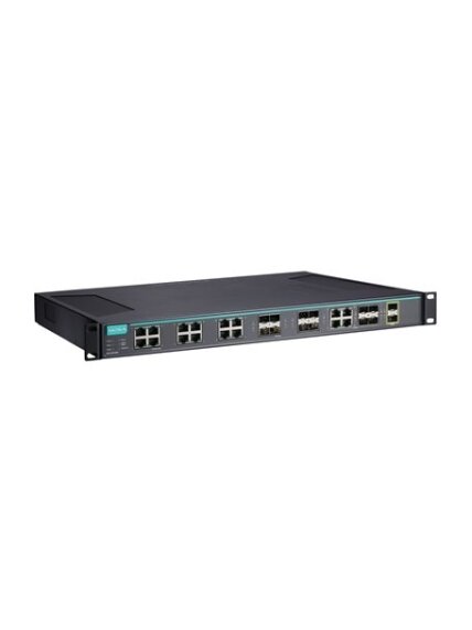 Moxa (ICS-G7526A-8GSFP-2XG-HV-HV-T) Layer 2 full Gigabit managed Ethernet switch with 12 10/100/1000BaseT(X) ports, 8 100/1000BaseSFP slots, 4 10/100/1000BaseT(X) or 100/1000BaseSFP slot combo ports, 2 10GbE SFP+ slots, 2 isolated power supplies (85 to 26