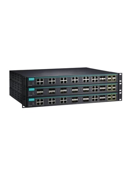 Moxa (ICS-G7528A-20GSFP-4XG-HV-HV-T) Layer 2 full Gigabit managed Ethernet switch with 20 100/1000BaseSFP slots, 4 10/100/1000BaseT(X) or 100/1000BaseSFP slot combo ports, 4 10GbE SFP+ slots, 2 isolated power supplies (85 to 264 VAC), -40 to 75°C operatin 2