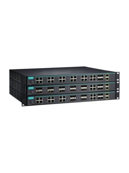 Moxa (ICS-G7826A-8GSFP-2XG-HV-HV-T) Layer 3 full Gigabit managed Ethernet switch with 12 10/100/1000BaseT(X) ports, 8 100/1000BaseSFP slots, 4 10/100/1000BaseT(X) or 100/1000BaseSFP slot combo ports, 2 10GbE SFP+ slots, 2 isolated power supplies (85 to 26 2