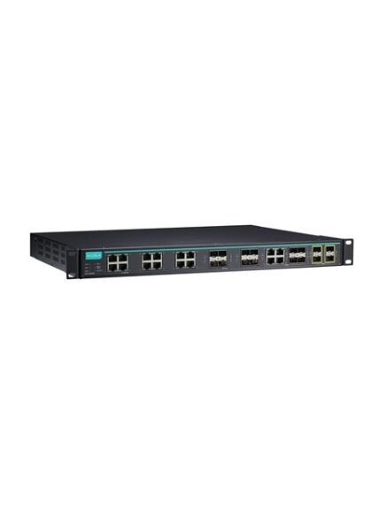 Moxa (ICS-G7828A-20GSFP-4XG-HV-HV-T) Layer 3 full Gigabit managed Ethernet switch with 20 100/1000BaseSFP slots, 4 10/100/1000BaseT(X) or 100/1000BaseSFP slot combo ports, 4 10GbE SFP+ slots, 2 isolated power supplies (85 to 264 VAC), -40 to 75°C operatin 3