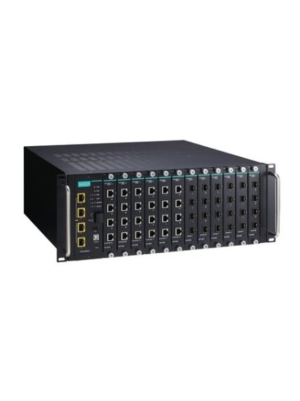 Moxa (ICS-G7852A-4XG-HV-HV) Layer 3 full Gigabit modular managed Ethernet switch system with 4 10GbE SFP+ slots, 12 slots for 4-port Gigabit Ethernet interface modules, 2 isolated power supplies (85 to 264 VAC), for a total of up to 48G + 4 10GbE ports, 0 1