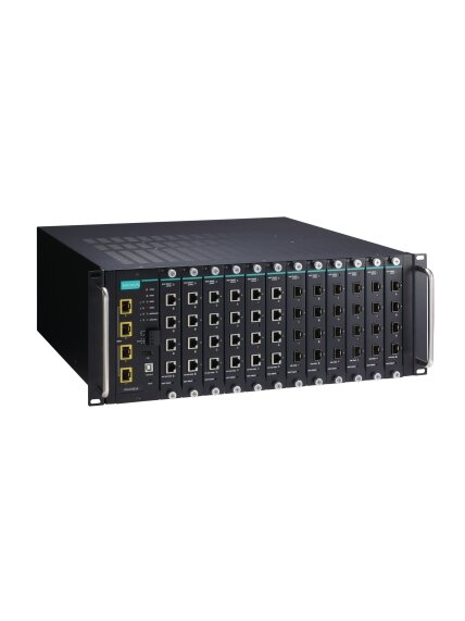 Moxa (ICS-G7852A-4XG-HV-HV) Layer 3 full Gigabit modular managed Ethernet switch system with 4 10GbE SFP+ slots, 12 slots for 4-port Gigabit Ethernet interface modules, 2 isolated power supplies (85 to 264 VAC), for a total of up to 48G + 4 10GbE ports, 0 2