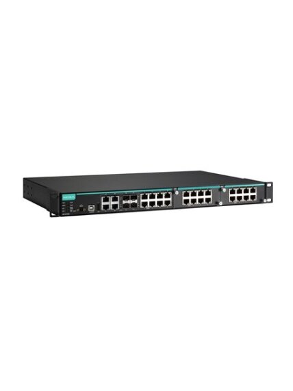 Moxa (IKS-6728A-4GTXSFP-48-48-T) Modular managed Ethernet switch with 8 10/100BaseT(X) ports, 4 10/100/1000BaseT(X) or 100/1000BaseSFP combo ports, 2 slots for Fast Ethernet modules, front cabling, 2 isolated power supplies (48 VDC), -40 to 75°C operating 1 Moxa (IKS-6728A-4GTXSFP-48-48-T) Modular managed Ethernet switch with 8 10/100BaseT(X) ports, 4 10/100/1000BaseT(X) or 100/1000BaseSFP combo ports, 2 slots for Fast Ethernet modules, front cabling, 2 isolated power supplies (48 VDC), -40 to 75°C operating 1