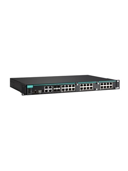 Moxa (IKS-6728A-4GTXSFP-48-T) Modular managed Ethernet switch with 8 10/100BaseT(X) ports, 4 10/100/1000BaseT(X) or 100/1000BaseSFP combo ports, 2 slots for Fast Ethernet modules, front cabling, 1 isolated power supply (48 VDC), -40 to 75°C operating temp 2