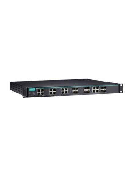 Moxa (IKS-G6824A-8GSFP-4GTXSFP-HV-HV-T) Layer 3 full Gigabit managed Ethernet switch with 12 10/100/1000BaseT(X) ports, 8 100/1000BaseSFP slots, 4 10/100/1000BaseT(X) or 100/1000BaseSFP slot combo ports, 2 isolated power supplies (85 to 264 VAC), -40 to 7