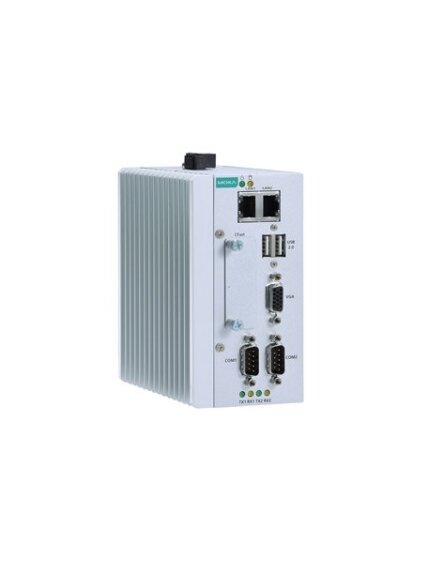 Moxa (MC-1112-E4-T) x86 embedded computer with Intel Atom® quad-core E3845 processor, 4 GB RAM, 1 VGA port, 2 USB ports, 2 Gigabit Ethernet ports, 2 serial ports, 1 CFast socket, 12 to 36 VDC power, -40 to 70°C operating temperature