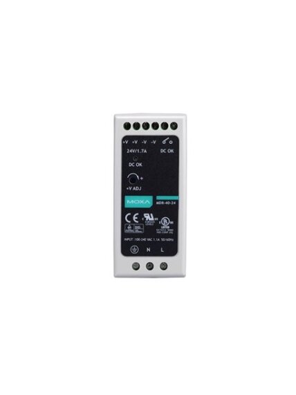 Moxa (MDR-40-24) DIN-rail 24 VDC power supply with 40W/1.7A, 85 to 264 VAC, or 120 to 370 VDC input, -20 to 70°C operating temperature Moxa (MDR-40-24) DIN-rail 24 VDC power supply with 40W/1.7A, 85 to 264 VAC, or 120 to 370 VDC input, -20 to 70°C operating temperature