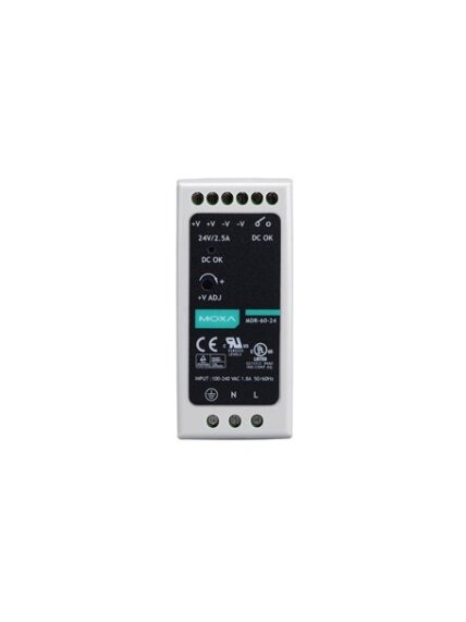 Moxa (MDR-60-24) DIN-rail 24 VDC power supply with 60W/2.5A, 85 to 264 VAC, or 120 to 370 VDC input, -20 to 70°C operating temperature