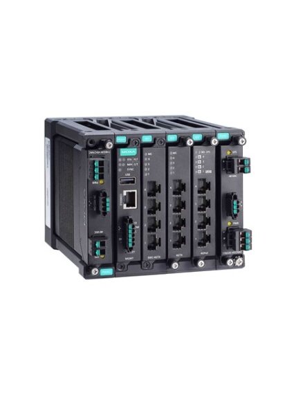 Moxa (MDS-G4012-L3) Layer 3 full Gigabit modular managed Ethernet switch with 4 fixed Gigabit Ethernet ports, 2 slots for optional 4-port GE/FE modules, 2 slots for isolated power modules, up to 12 Gigabit Ethernet ports, -10 to 60°C operating temperature 1