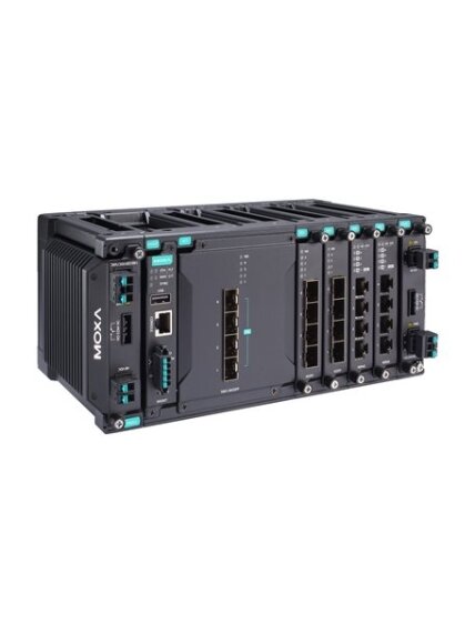 Moxa (MDS-G4020-L3-4XGS-T) Layer 3 full Gigabit modular managed Ethernet switch with 4 fixed 10GbE SFP+ slots, 4 slots for optional 4-port GE/FE modules, 2 slots for isolated power modules, up to 16 Gigabit Ethernet ports, -40 to 75°C operating temperatur