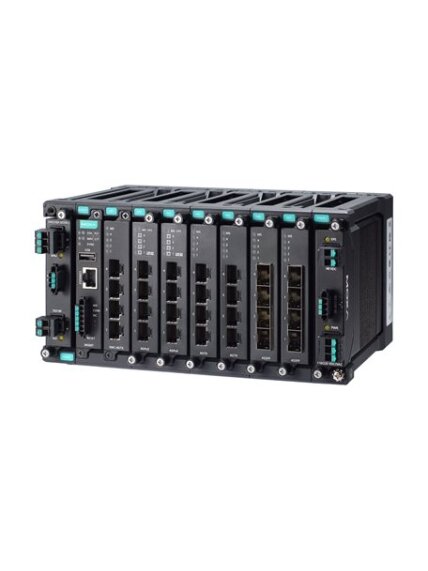 Moxa (MDS-G4028) Layer 2 full Gigabit modular managed Ethernet switch with 4 fixed Gigabit Ethernet ports, 6 slots for optional 4-port GE/FE modules, 2 slots for isolated power modules, up to 28 Gigabit Ethernet ports, -10 to 60°C operating temperature 3
