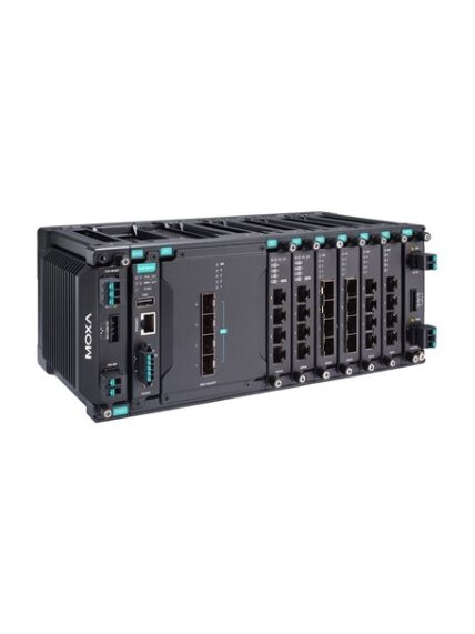 Moxa (MDS-G4028-L3-4XGS-T) Layer 3 full Gigabit modular managed Ethernet switch with 4 fixed 10GbE SFP+ slots, 6 slots for optional 4-port GE/FE modules, 2 slots for isolated power modules, up to 24 Gigabit Ethernet ports, -40 to 75°C operating temperatur 1