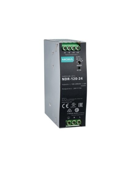 Moxa (NDR-120-24) 120 W/5.0 A DIN-rail 24 VDC power supply, universal 90 to 264 VAC or 127 to 370 VDC input voltage, -20 to 70°C operating temperature Moxa (NDR-120-24) 120 W/5.0 A DIN-rail 24 VDC power supply, universal 90 to 264 VAC or 127 to 370 VDC input voltage, -20 to 70°C operating temperature