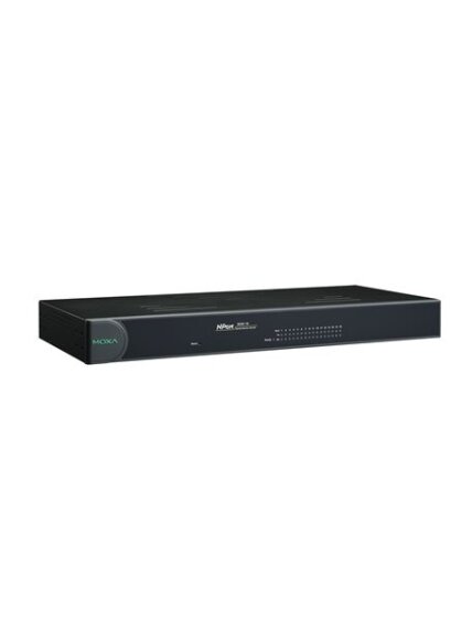 Moxa (NPort 5650-16-HV-T) 16-port RS-232/422/485 rackmount device server with RJ45 connectors and 88 to 300 VDC power input, -40 to 85°C operating temperature
