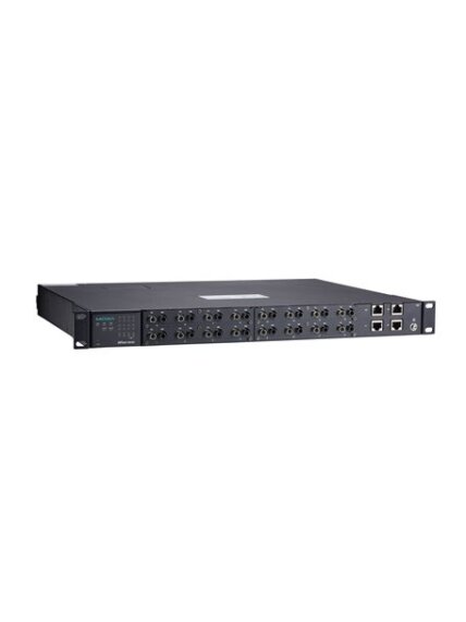 Moxa (NPort S9650I-16F-2HV-E-T) 16-port RS-232/422/485 rugged device server with multi-mode ST connectors on the serial ports, 2 10/100BaseT(X) ports with IEEE 1588v2 support, 88 to 300 VDC or 85 to 264 VAC, -40 to 85°C operating temperature, with 2-port Moxa (NPort S9650I-16F-2HV-E-T) 16-port RS-232/422/485 rugged device server with multi-mode ST connectors on the serial ports, 2 10/100BaseT(X) ports with IEEE 1588v2 support, 88 to 300 VDC or 85 to 264 VAC, -40 to 85°C operating temperature, with 2-port