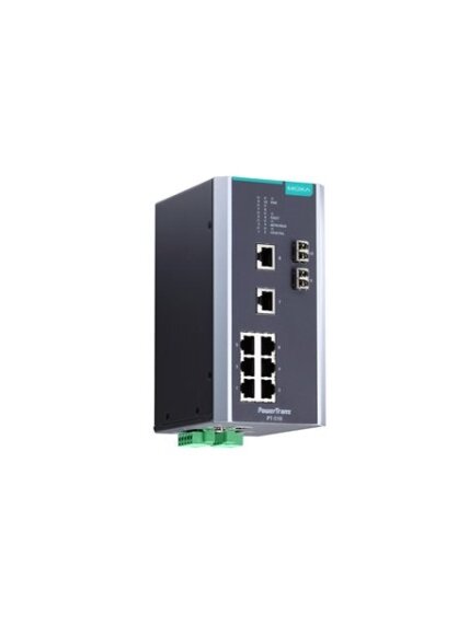 Moxa (PT-510-MM-LC-48) IEC 61850-3 managed DIN-rail Ethernet switch, with 8 10/100BaseT(X) ports and 2 100BaseFX multi-mode ports with LC connectors, 1 isolated power supply (48 VDC), -40 to 85°C operating temperature